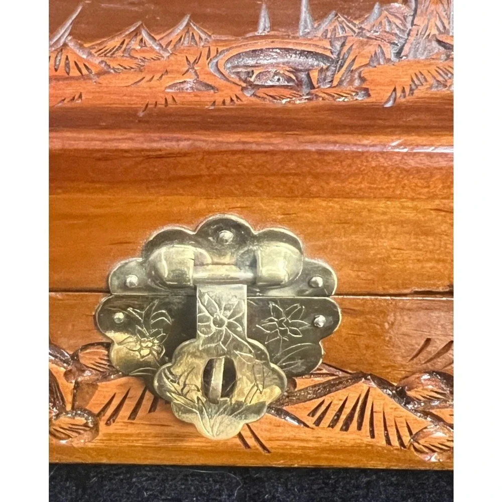 Vintage Carved Wood Jewelry Trinket Box Brass Closure & Hinges Red Lining Mirror